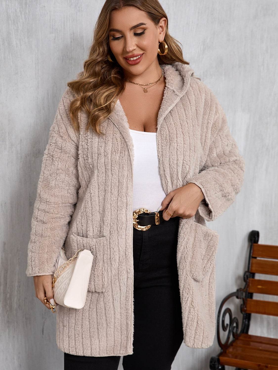 Plus Size Open Front Long Sleeve Hooded Fuzzy Jacket - Hovatok