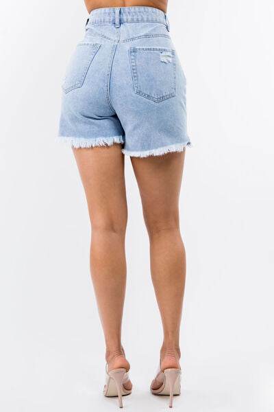 American Bazi High Waist Distressed Raw Hem Denim Shorts - Hovatok