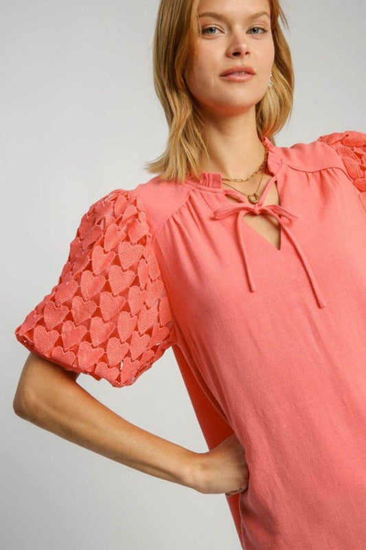 Umgee Full Size Heart Lace Sleeve Ruffle Collar Top Plus Size - Hovatok