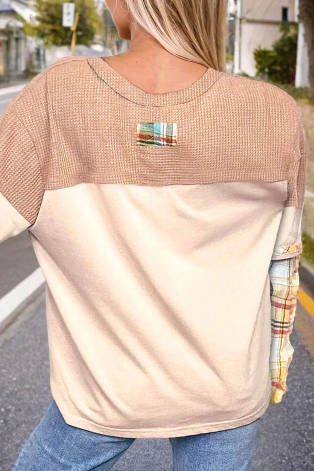 Plus Size Waffle-Knit Detail Plaid Round Neck Top - Hovatok