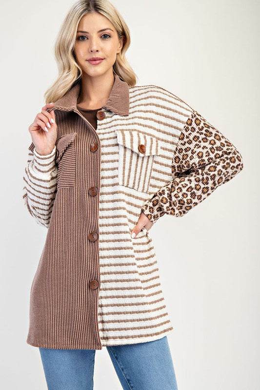 Celeste Full Size Leopard Contrast Button Up Shacket - Hovatok
