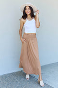 Doublju Comfort Princess Full Size High Waist Scoop Hem Maxi Skirt in Tan - Hovatok