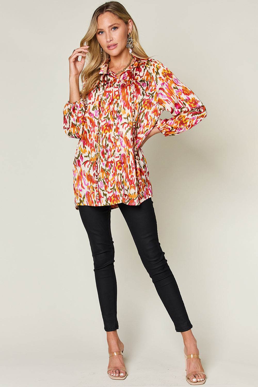 Double Take Full Size Printed Button Up Long Sleeve Shirt - Hovatok