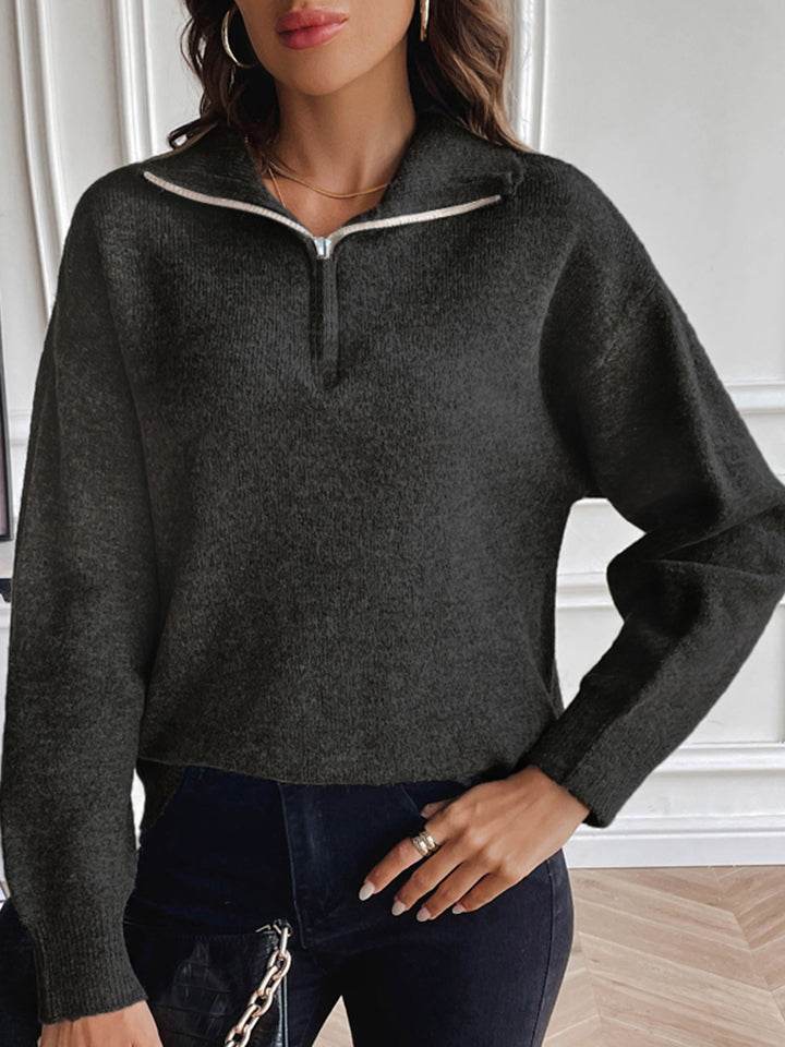 Half Zip Dropped Shoulder Sweater - Hovatok