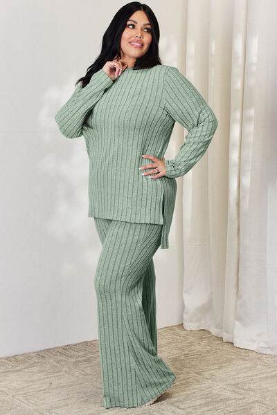 Basic Bae Full Size Ribbed High-Low Top and Wide Leg Pants Set - Hovatok