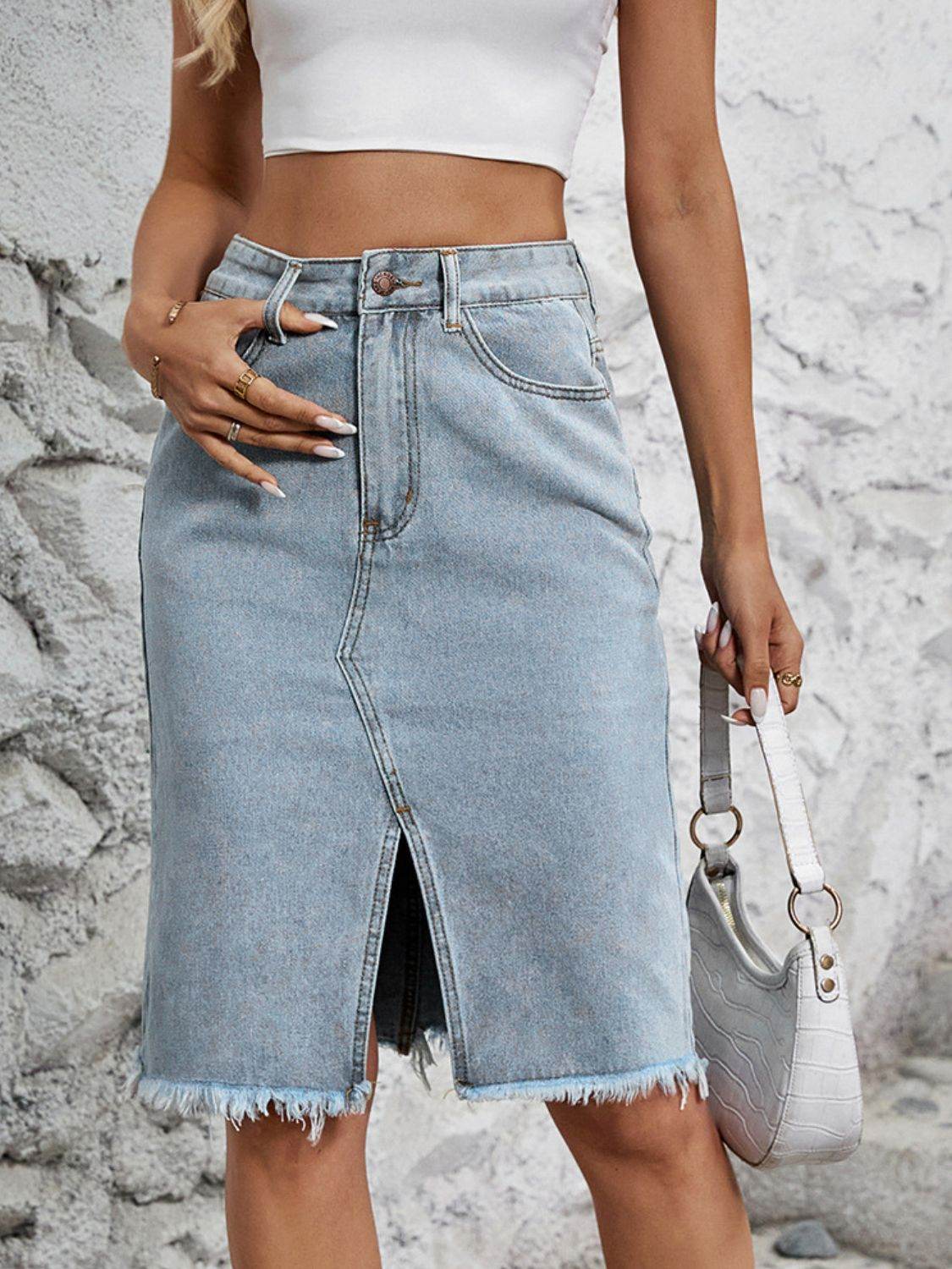 Raw Hem Slit Denim Skirt - Hovatok