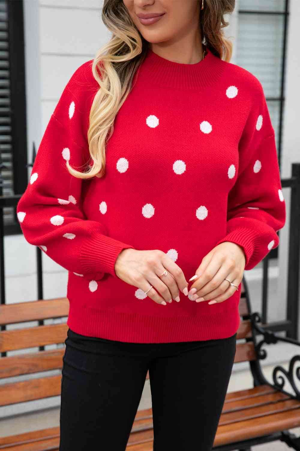 Angel Wings Woven Right Polka Dot Round Neck Dropped Shoulder Sweater - Hovatok