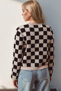 Double Take Full Size Checkered Tie Front Long Sleeve Cardigan - Hovatok