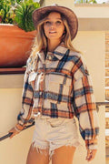 BiBi Brushed Plaid Crop Jacket with Pockets - Hovatok