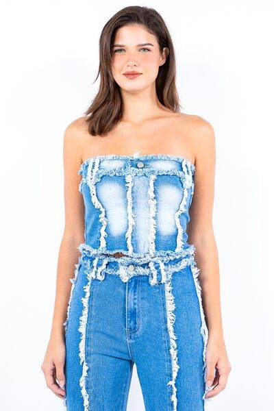 American Bazi Frayed Edge Denim Corset Top - Hovatok