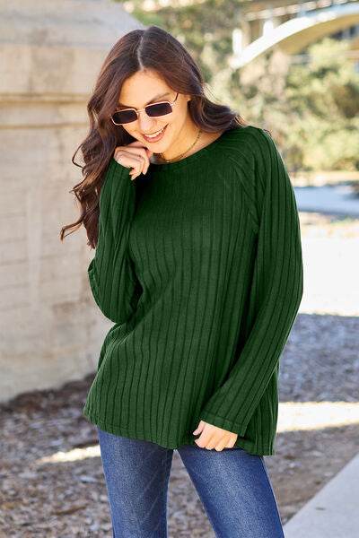 Basic Bae Full Size Ribbed Round Neck Long Sleeve Knit Top - Hovatok