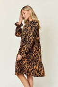 Double Take Full Size Printed Ruffle Hem Long Sleeve Dress - Hovatok