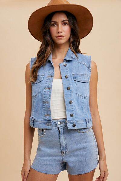 Annie Wear Collared Neck Button Down Denim Vest - Hovatok