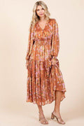Mittoshop Flower Print Satin Lurex Stripe Smocked Midi Dress - Hovatok