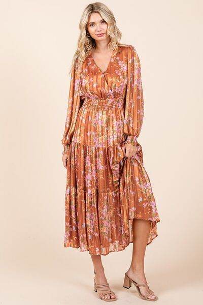 Mittoshop Flower Print Satin Lurex Stripe Smocked Midi Dress - Hovatok