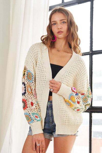 ADORA Full Size Contrast Crochet Open Front Long Sleeve Cardigan - Hovatok