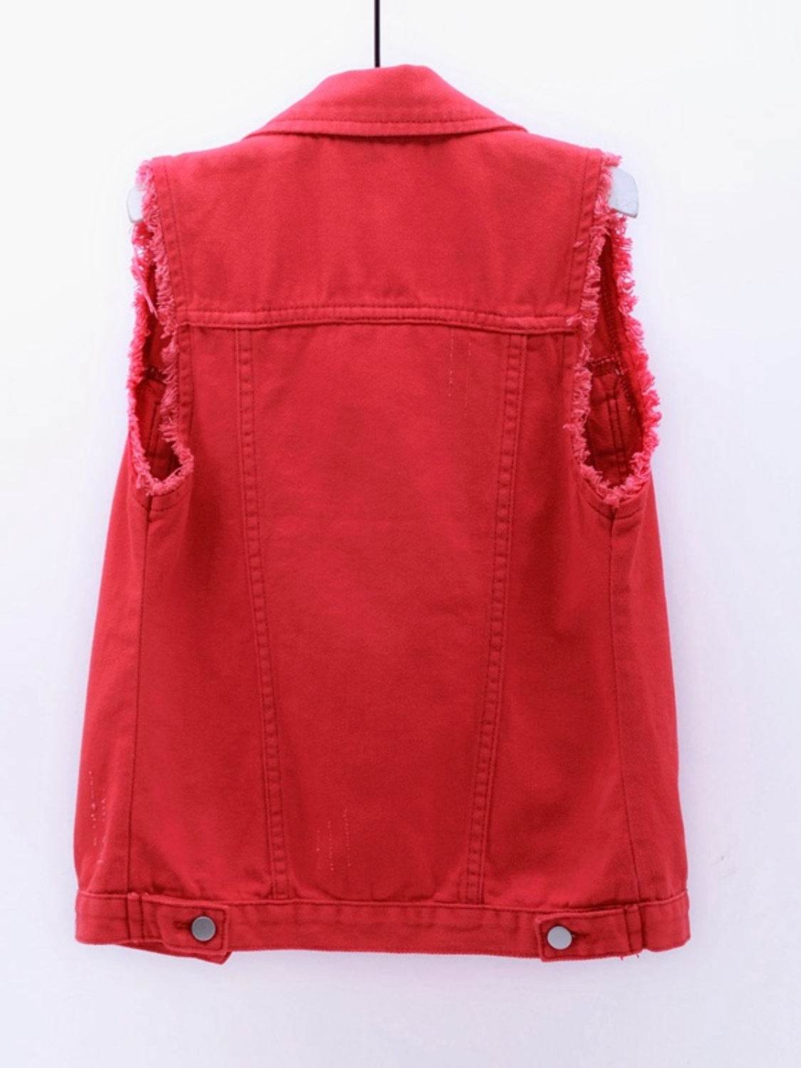 Full Size Button Down Raw Hem Sleeveless Denim Jacket Plus Size - Hovatok