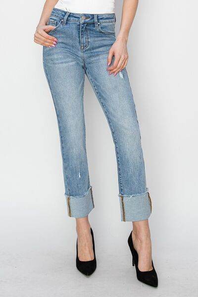 RISEN Full Size High Rise Cuffed Slim Straight Jeans - Hovatok