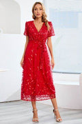 Sequin Leaf Embroidery Tie Front Short Sleeve Dress - Hovatok