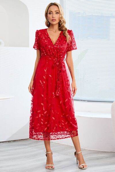 Sequin Leaf Embroidery Tie Front Short Sleeve Dress - Hovatok