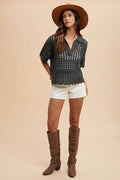 Annie Wear Openwork Johnny Collar Knit Cover Up - Hovatok