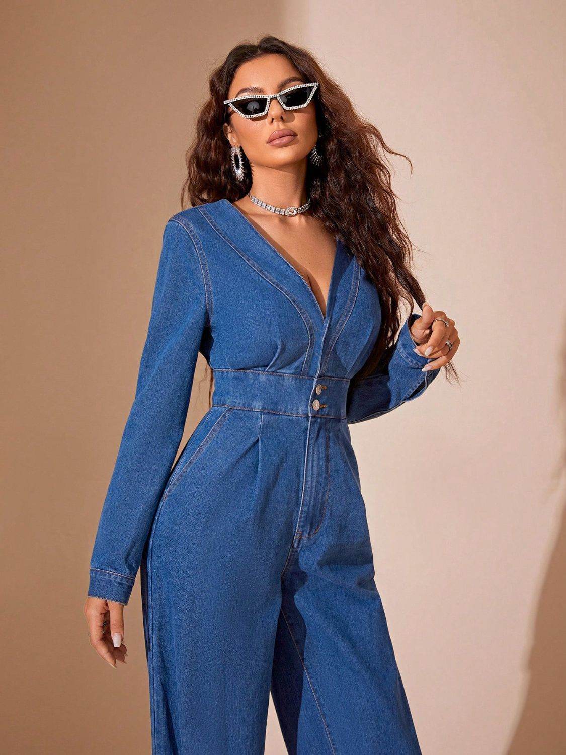 Plunge Long Sleeve Wide Leg Denim Jumpsuit - Hovatok