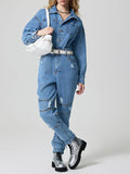 Distressed Button Down Drop Shoulder Denim Jumpsuit - Hovatok
