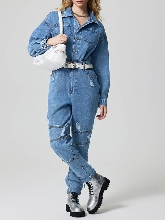 Distressed Button Down Drop Shoulder Denim Jumpsuit - Hovatok