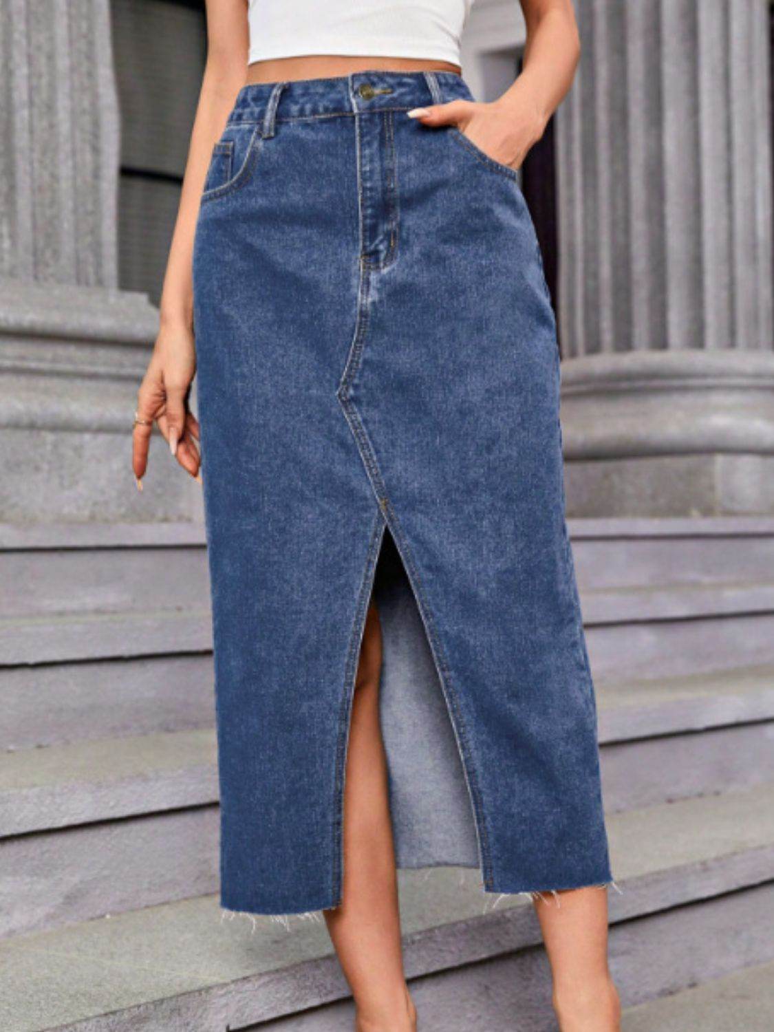 Slit Midi Denim Skirt with Pockets - Hovatok