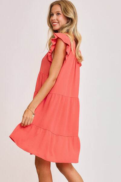 Umgee Full Size Johnny Collar Ruffle Cap Sleeve Tiered Dress Plus Size - Hovatok