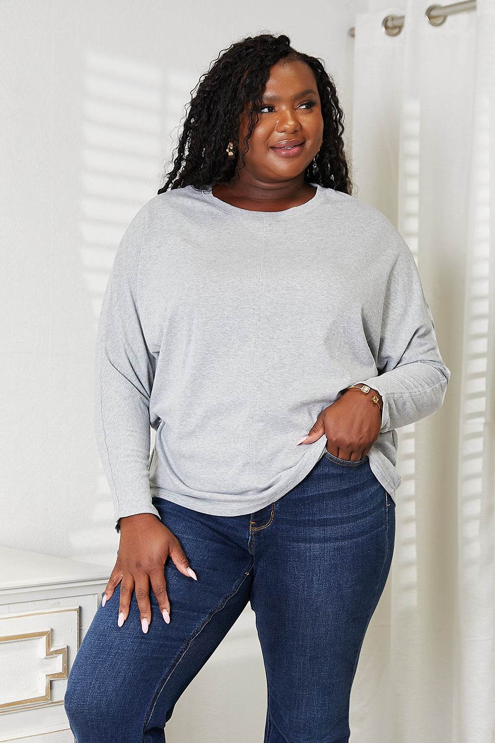Double Take Seam Detail Round Neck Long Sleeve Top - Hovatok