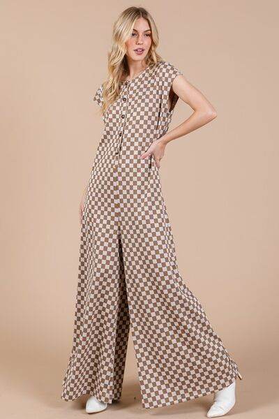 Ces Femme Checkered Half Button Cap Sleeve Jumpsuit - Hovatok