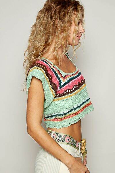 POL Openwork Ethnic Pattern Square Neck Cropped Knit Top - Hovatok