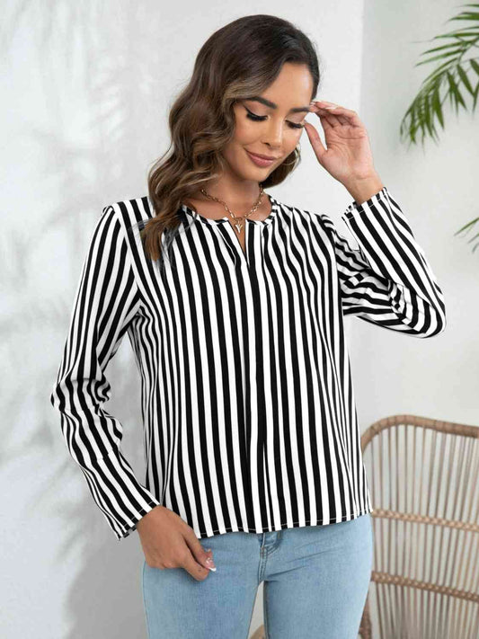 Striped Long Sleeve Notched Blouse - Hovatok