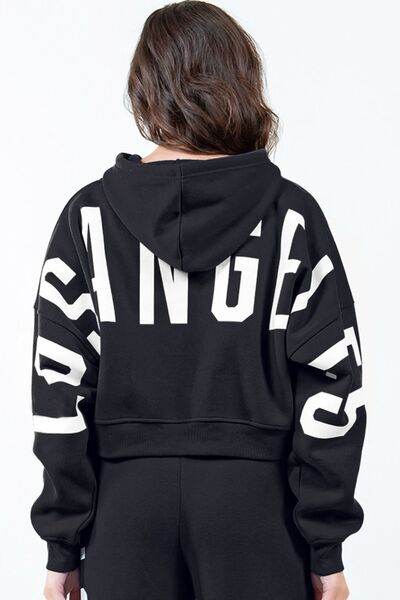 American Bazi Letter Graphic Long Sleeve Drawstring Cropped Hoodie - Hovatok