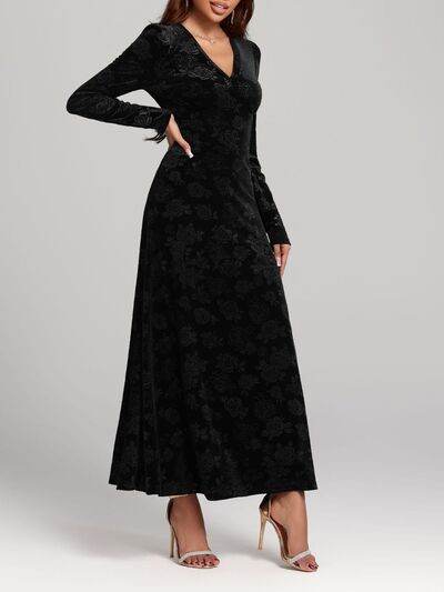 Rose Print V-Neck Long Sleeve Dress - Hovatok