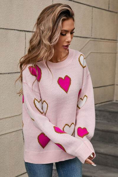 Angel Wings Contrast Heart Round Neck Long Sleeve Sweater - Hovatok