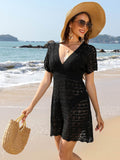 Openwork Plunge Short Sleeve Cover-Up Dress - Hovatok