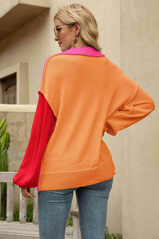 Angel Wings Color Block Round Neck Dropped Shoulder Sweater - Hovatok