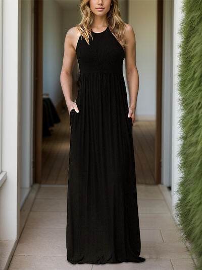 Pocketed Round Neck Sleeveless Dress - Hovatok