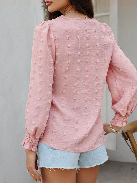 Devine Swiss Dot Lace Detail V-Neck Long Sleeve Blouse - Hovatok