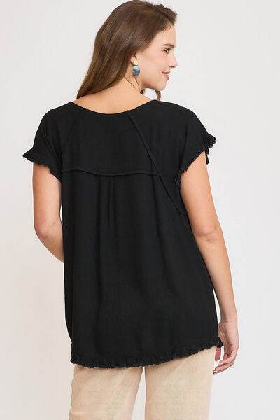 Umgee Full Size Seam Detail Linen Ruffle Fringe Edge Top Plus Size - Hovatok