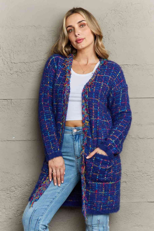 Angel Wings Plaid Fringe Trim Open Front Longline Cardigan - Hovatok
