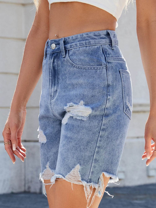 Distressed Raw Hem Denim Shorts - Hovatok