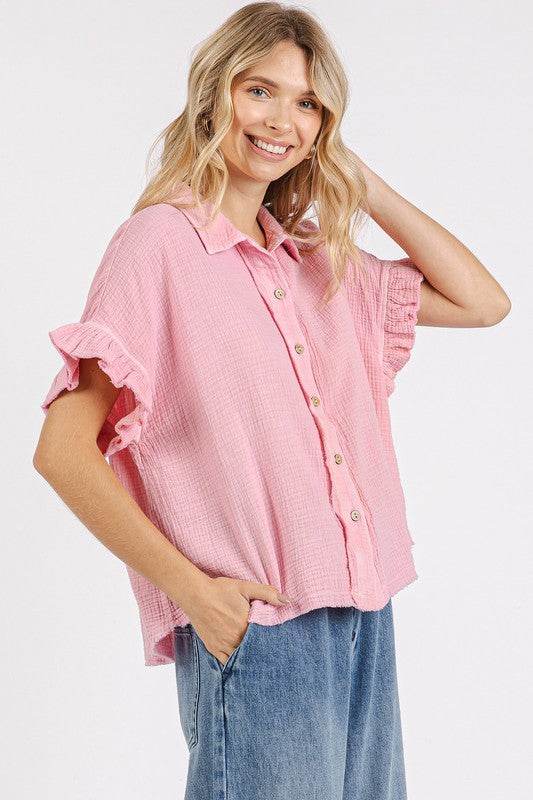 Mittoshop Mineral Washed Button Down Flounce Sleeve Shirt - Hovatok