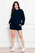 Round Neck Long Sleeve Sweatshirt and Drawstring Shorts Set - Hovatok