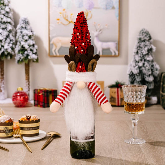 Sequin Pointed Hat Faceless Gnome Wine Bottle Cover - Hovatok