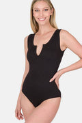Zenana Microfiber Notched Sleeveless Bodysuit - Hovatok