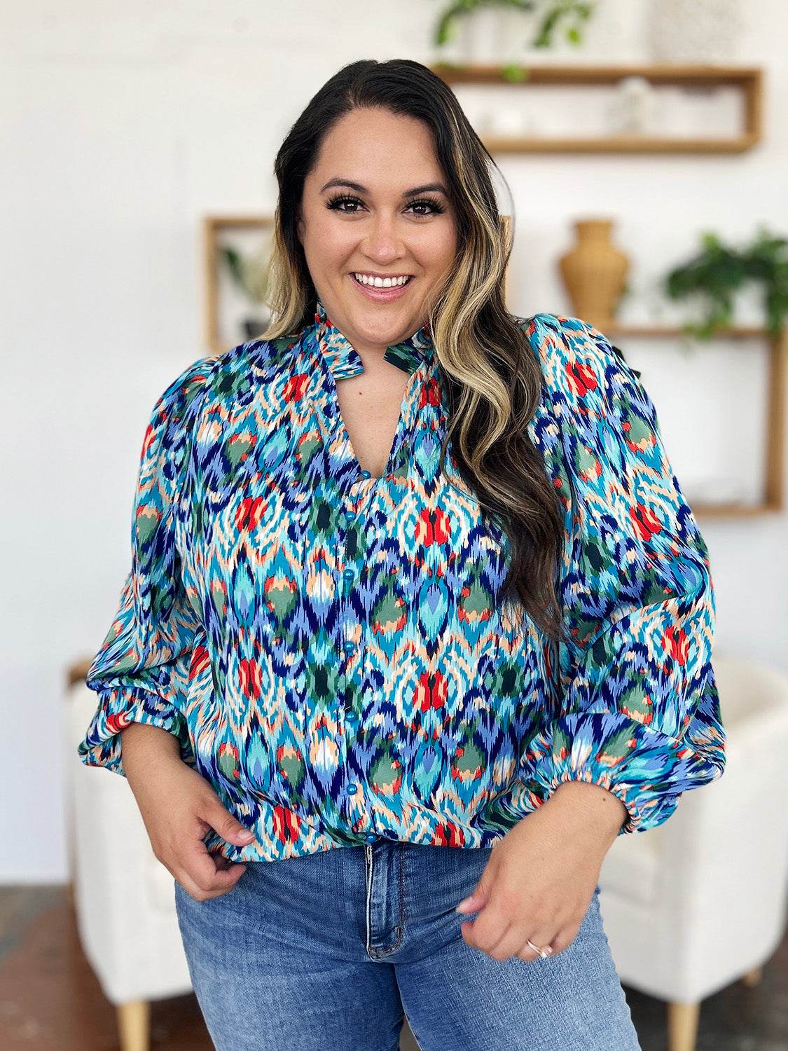 Double Take Full Size Printed Balloon Sleeve Blouse - Hovatok