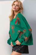 Double Take Christmas Bow Sequin Round Neck Dropped Shoulder Sweatshirt - Hovatok